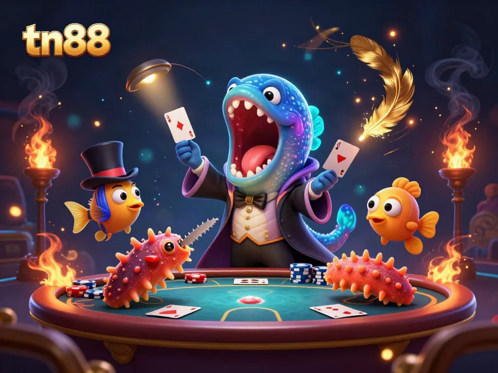 Watch tn88's thrilling casino-inspired magic act with animated sea creatures showcasing card tricks.