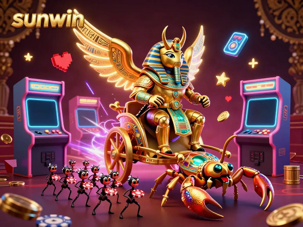 Experience thrilling games at sunwin with a 3D casino illustration showcasing a golden scarab beetle amid vibrant arcade elements.