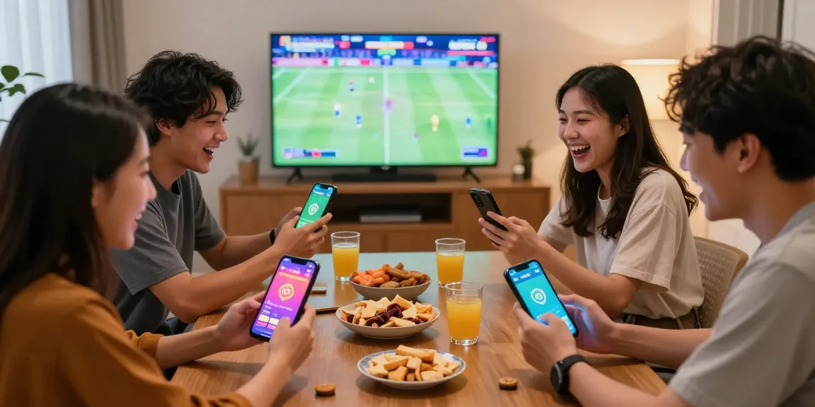 Group of friends enjoying Xoso66 mobile betting together in a lively home atmosphere.