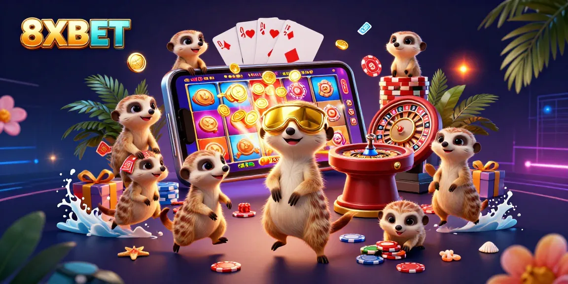 Experience thrilling wins with 8XBET in a lively cartoon casino operation featuring meerkats and dynamic gambling elements.