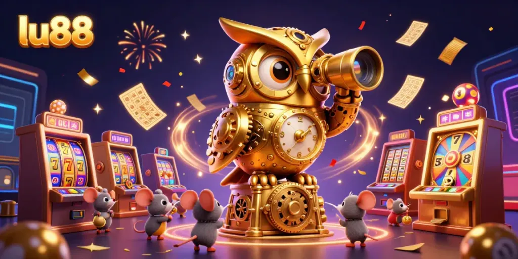 Experience the thrill of LU88 in a vibrant casino setting with a magical golden owl overseeing the action.