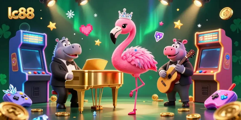 Experience the vibrant lc88 casino scene with a flamingo singer and hippo bassist illuminated by colorful arcade elements.