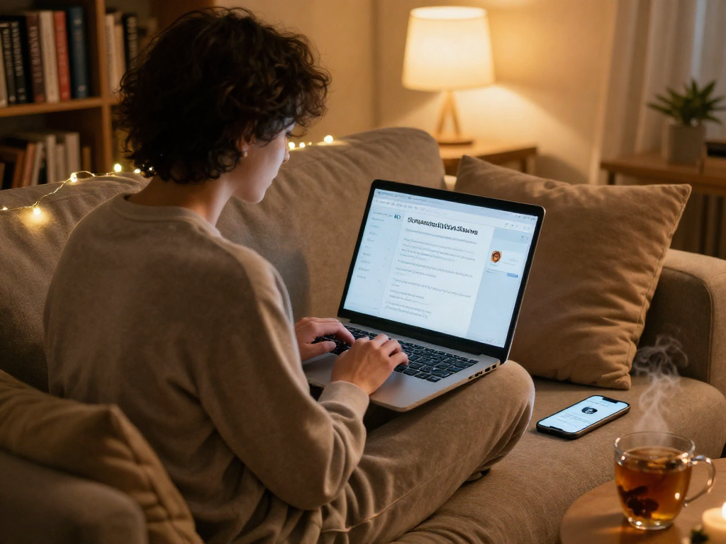 AI sex chat interaction in a cozy home setting with warm lighting and relaxed atmosphere.