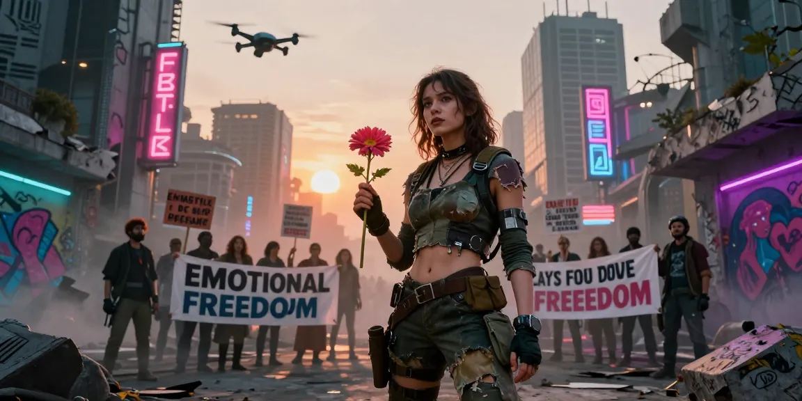 Dystopian fiction scene with young woman symbolizing rebellion against emotional suppression in a crumbling city.