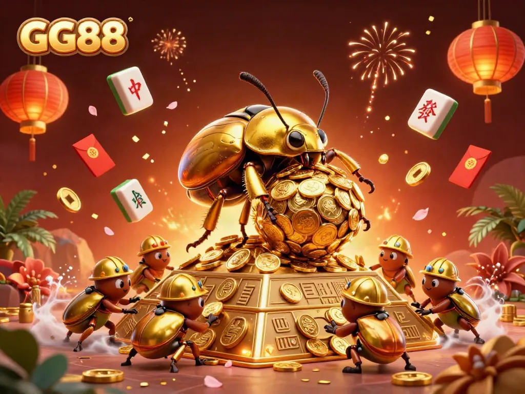 Engage in thrilling gameplay at GG88, featuring golden beetles transporting coins amidst dynamic casino visuals.
