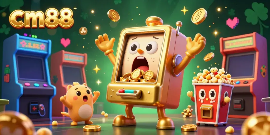 Experience exciting wins with cm88, featuring a golden slot machine hitting jackpots among vibrant casino elements.