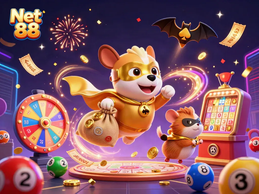 Win big with Net 88 as a cartoon superhero dog soars through a vibrant casino-themed image.