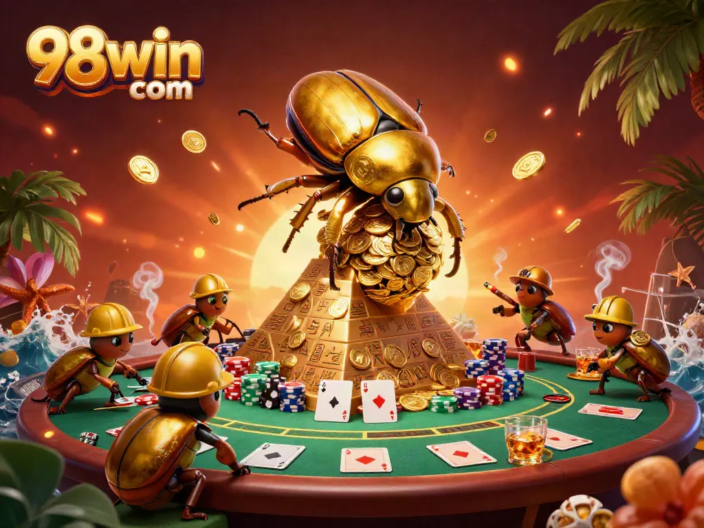 Experience the thrill of 98win com with golden coins and vibrant poker elements in this lively scene.