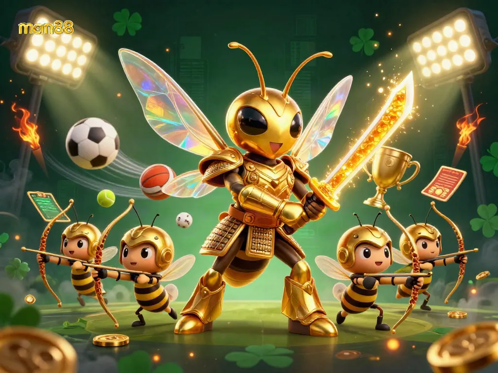 Experience thrilling bets at man88 featuring a dynamic scene of a golden hornet and sports elements.