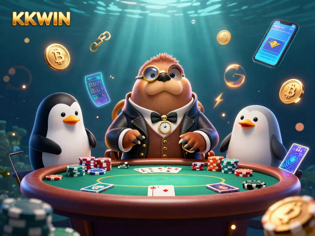 KKWIN poker scene with a walrus, penguin dealer, and pufferfish, highlighting dynamic gameplay.