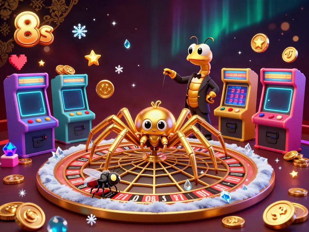 Engage in thrilling bets with 8s in this vibrant, cartoonish casino scene featuring a spider and fly.