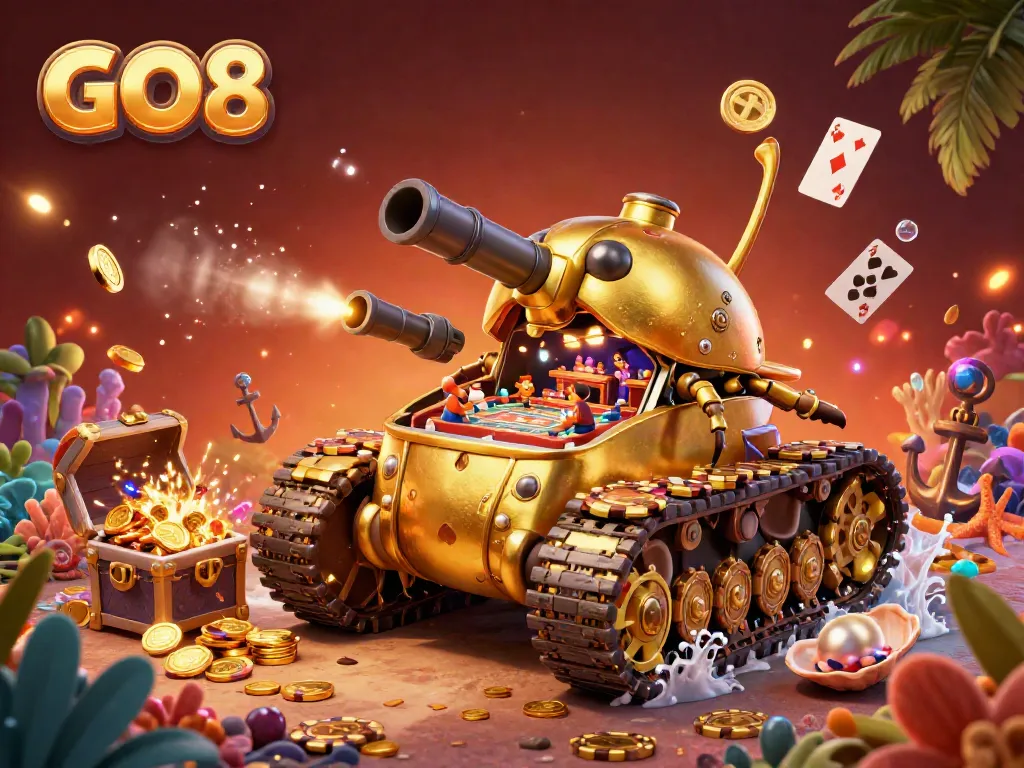 Play thrilling games at GO8 in a vibrant 3D casino scene within a golden beetle tank, rich with elements and energy.