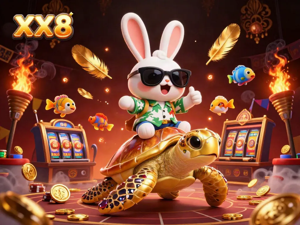 Experience thrilling gameplay with XX 8 as a lucky rabbit rides a golden turtle in a vibrant casino scene.