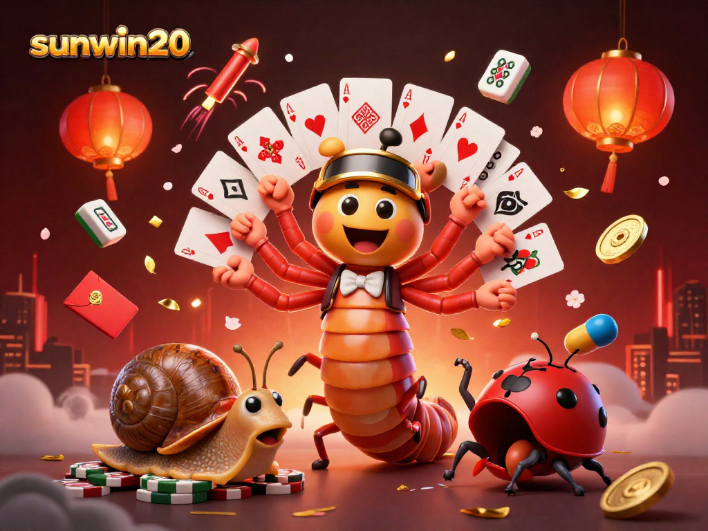 Experience the excitement of sunwin20 with a vibrant 3D casino scene featuring a millipede dealer and lucky symbols.