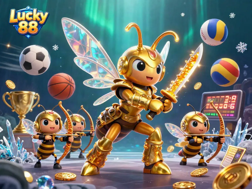 Engage with the Lucky 88 theme through a vibrant, dynamic casino illustration featuring sports elements and gambling excitement.