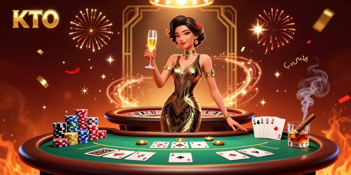 KTO celebrates with an elegant Asian woman in a casino scene, surrounded by vibrant casino game elements.