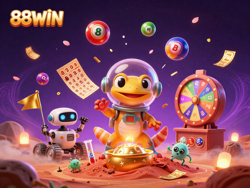 Experience the excitement of winning at 88WIN's golden casino adventure with vibrant lottery elements.