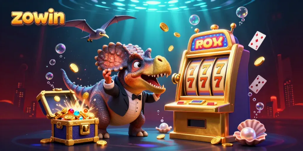 Zowin captivates with a 3D illustration of a dinosaur winning at a slot machine, capturing jackpot excitement.