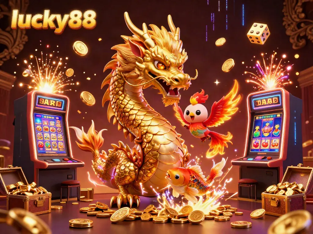 Engage with lucky88's vibrant 3D casino scene featuring dynamic characters, slot machines, and gold coins.