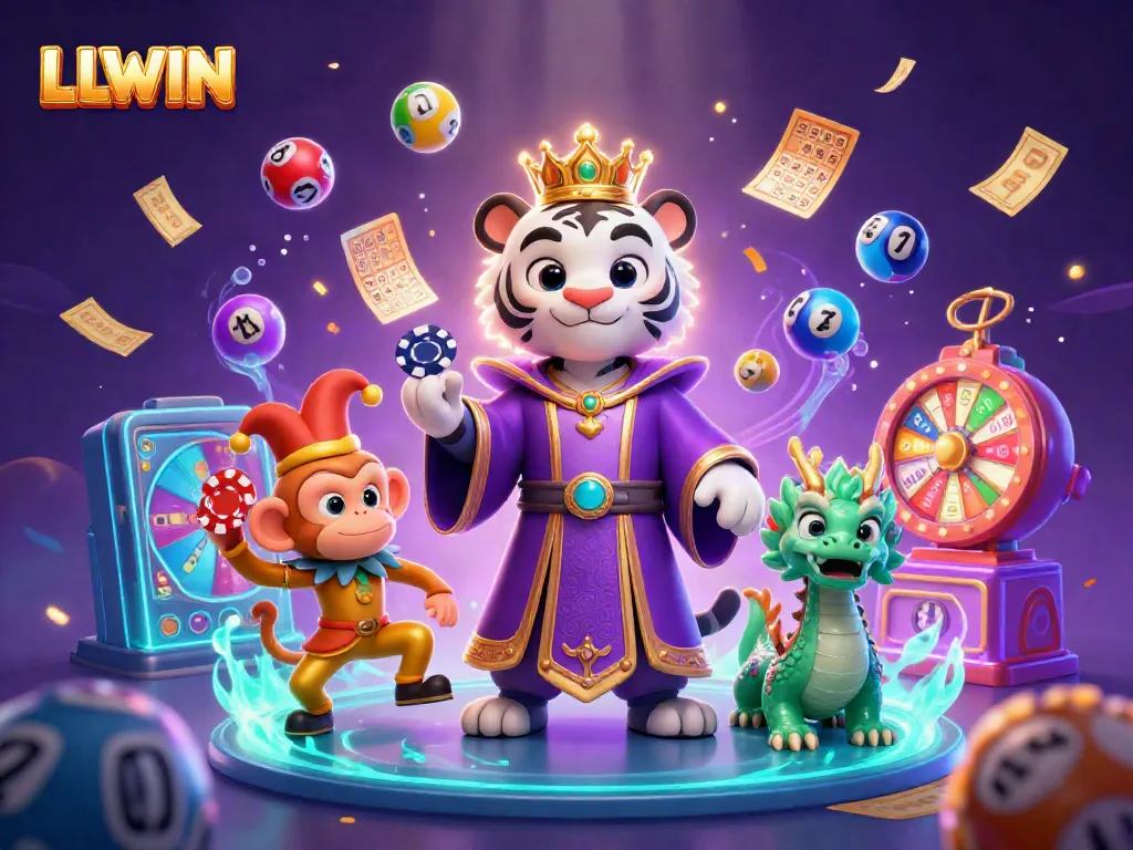 LLWIN showcases an immersive casino scene featuring a cartoon white tiger, golden monkey, and jade dragon amidst lively gaming elements.
