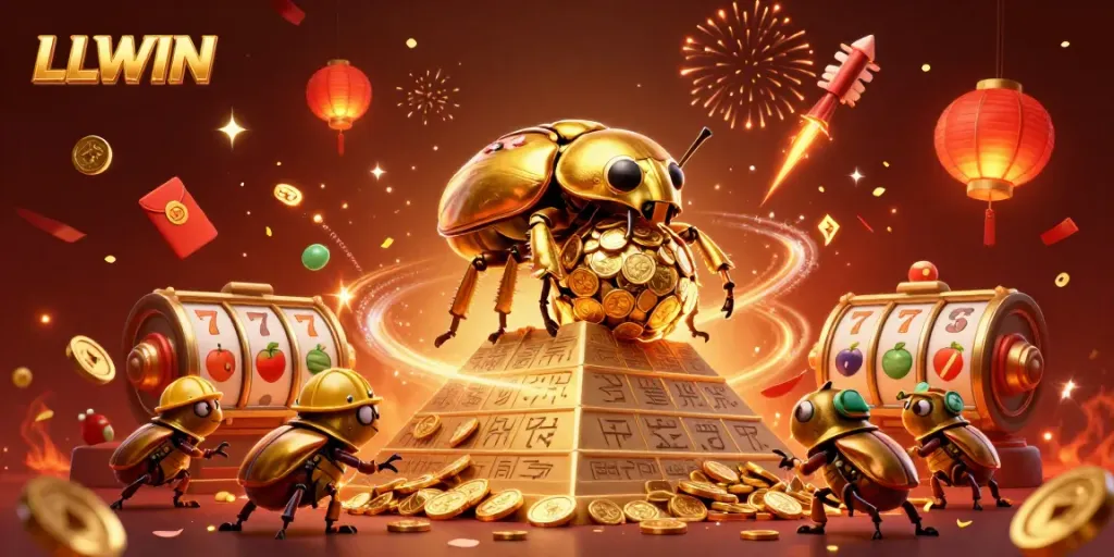 Join LLWIN's golden adventure as beetles bring luck and excitement in a lavish casino scene.