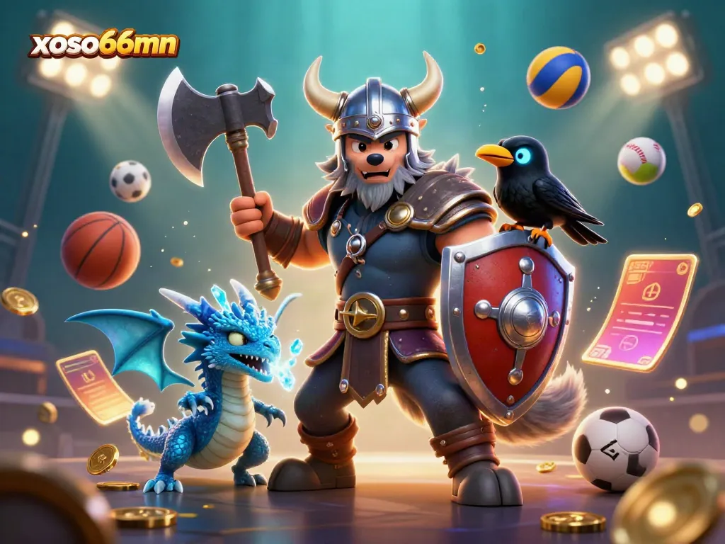 Engage with xoso66mn casino content in a vibrant 3D Viking-themed illustration, merging gaming with sports.