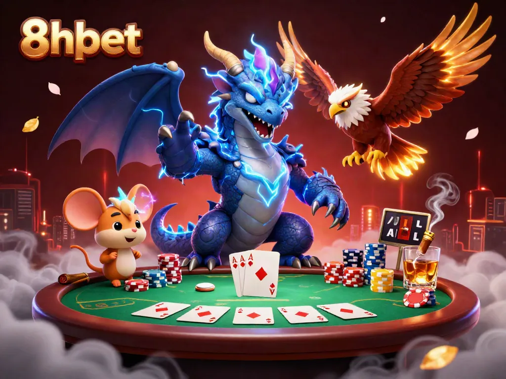 8xbet dragon and hawk join a thrilling poker game with vibrant casino elements.