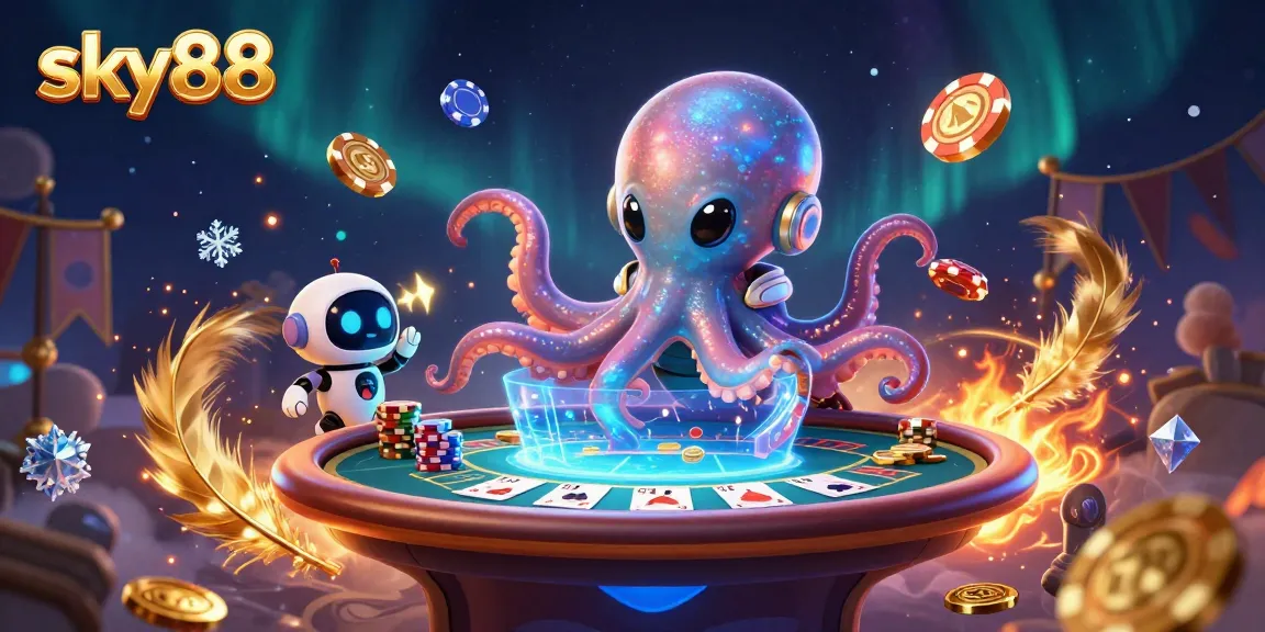 Engage in thrilling poker action with sky88 at a holographic table in vivid 3D art.