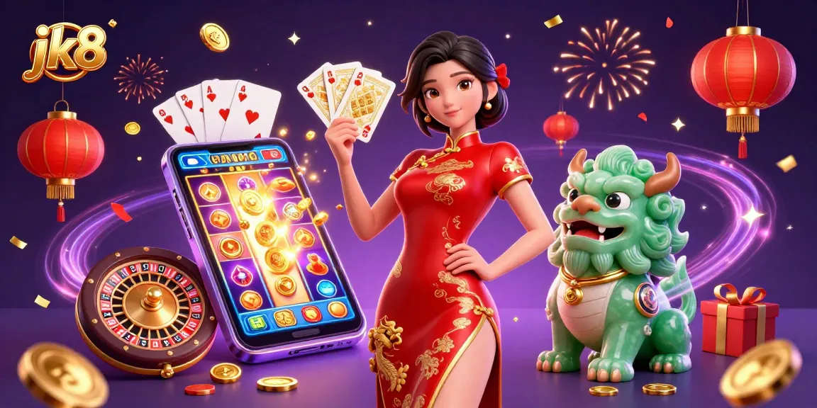 Experience thrilling gameplay with jk8, featuring a vibrant 3D illustration of slots and cards.