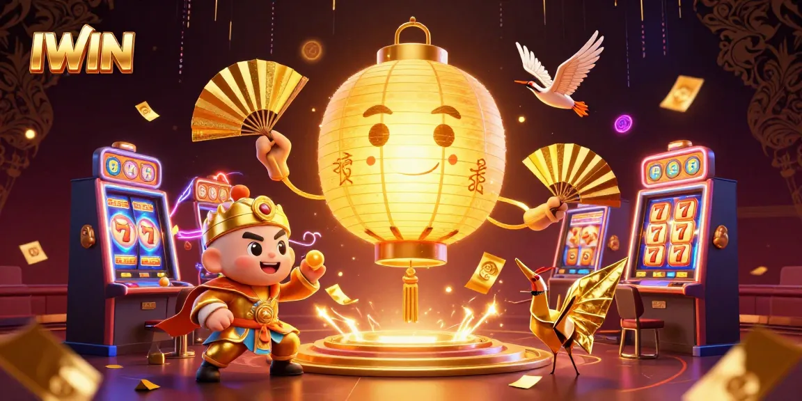 IWIN illuminates a vibrant casino scene with golden spirits and slot reels for thrilling gameplay.