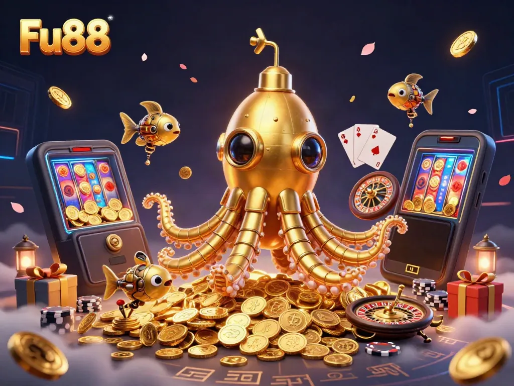 Experience the thrill of Fu88 with the golden kraken submarine amidst casino treasures.