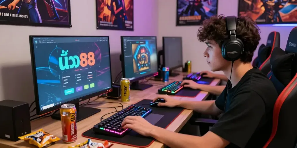 The user interacting with นัว88 ทางเข้าเล่น on a stylish gaming setup, vibrant colors and snacks present, creating an immersive online gaming atmosphere.