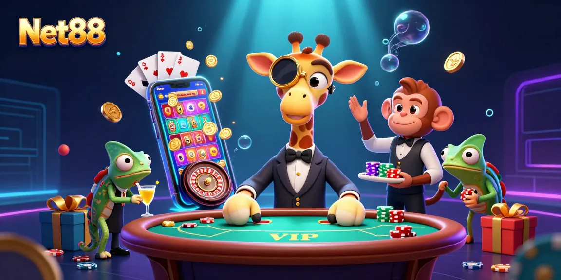 Experience vibrant gaming action with Net88 as a high-roller giraffe plays cards and interacts in a lively casino scene.
