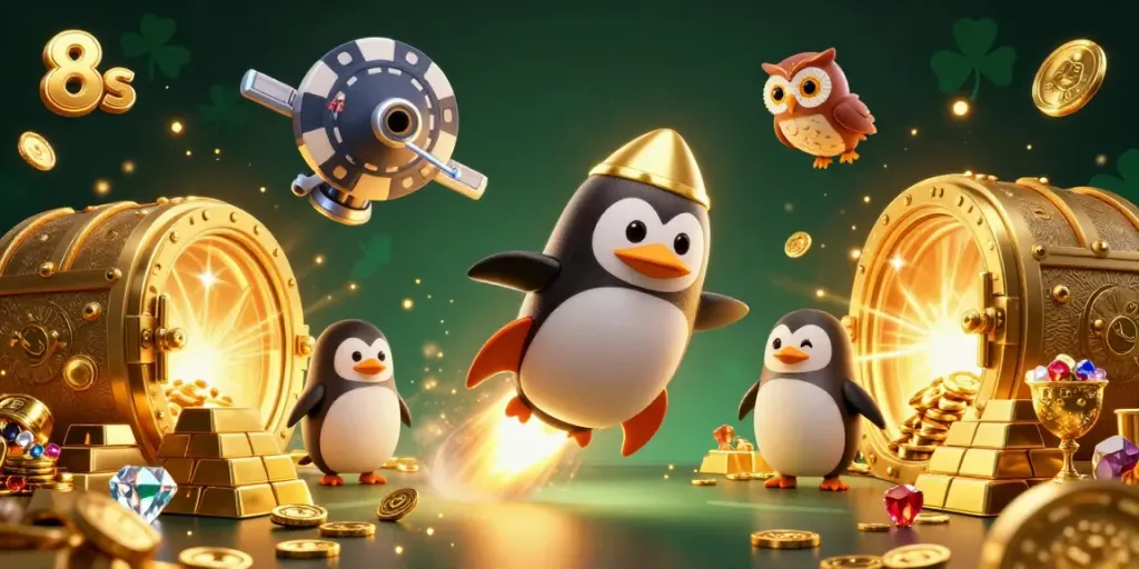 Engage in 8s gaming adventures with a golden penguin, vibrant casino treasures, and cosmic exploration.