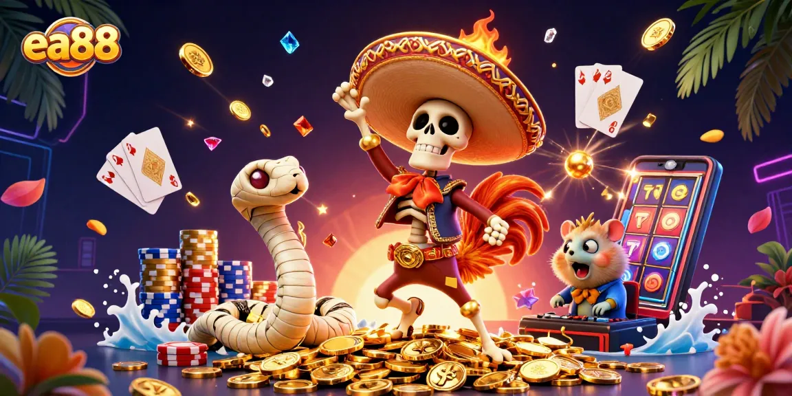 Experience thrilling fun at ea88 with a victory dance of unique characters amid golden casino treasures.