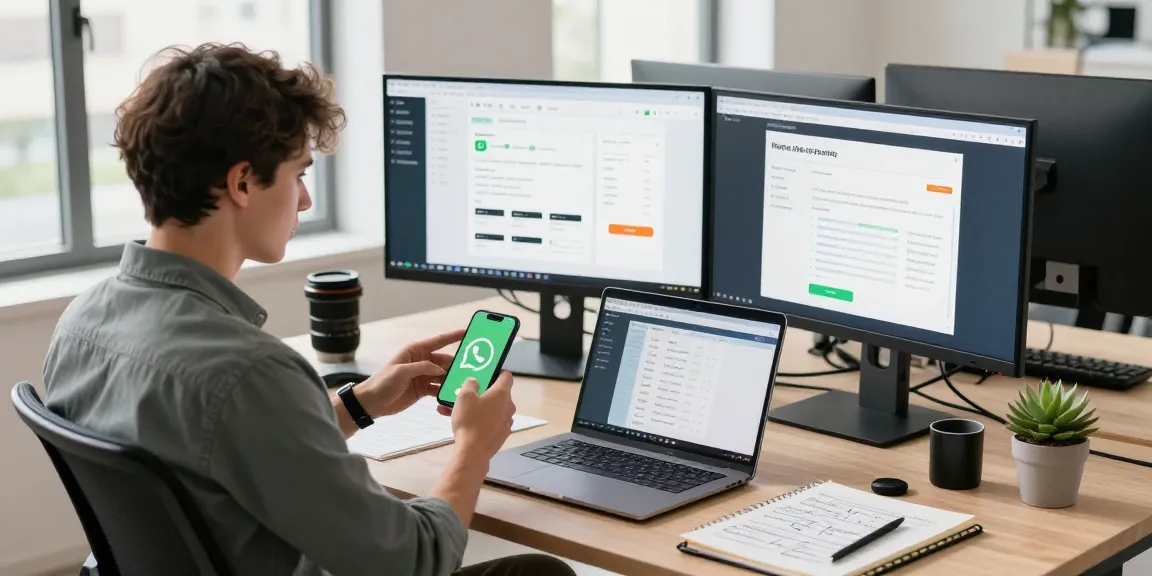 Engaging tech workspace scene highlighting WhatsApp下載 usage on smartphone with analytics visuals.