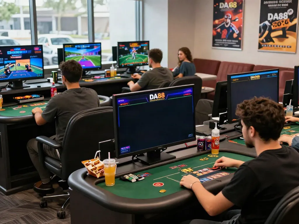 Engaged players enjoying DA88 online gaming platform, vibrant screens and snacks.