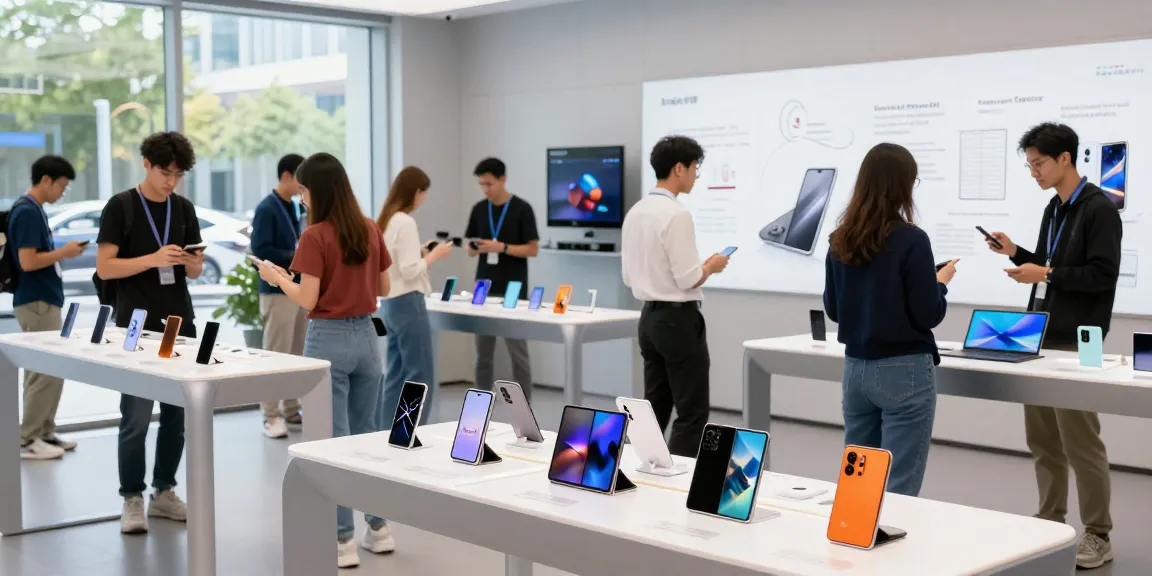 Showcasing foldable phones 2026 in a tech showroom with vibrant displays.
