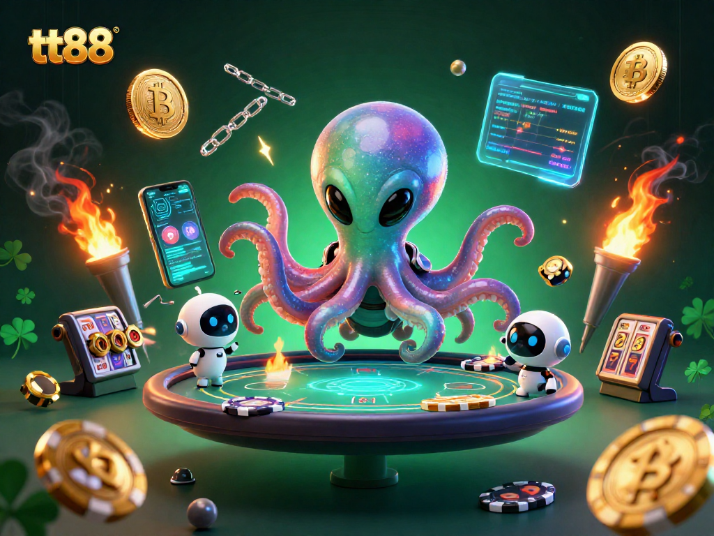 Engage in thrilling poker action at tt88 with an exciting alien octopus and vibrant crypto elements.