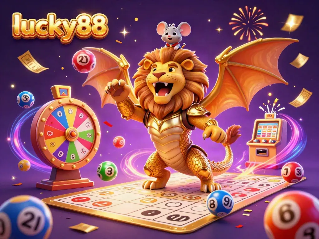 Experience thrilling moments at lucky88 with a roaring chimera, dynamic lottery elements, and colorful celebrations.