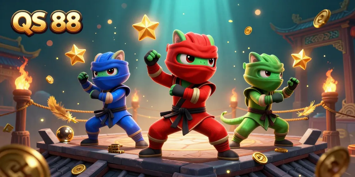 Experience thrilling action with QS 88 as ninja chameleons engage in dynamic martial arts on a rooftop filled with gambling elements.