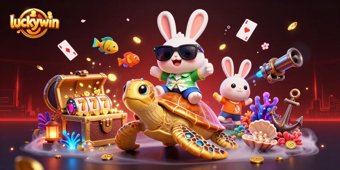 Experience thrilling gaming at luckywin with vibrant characters, slot reels, and gold coins everywhere!