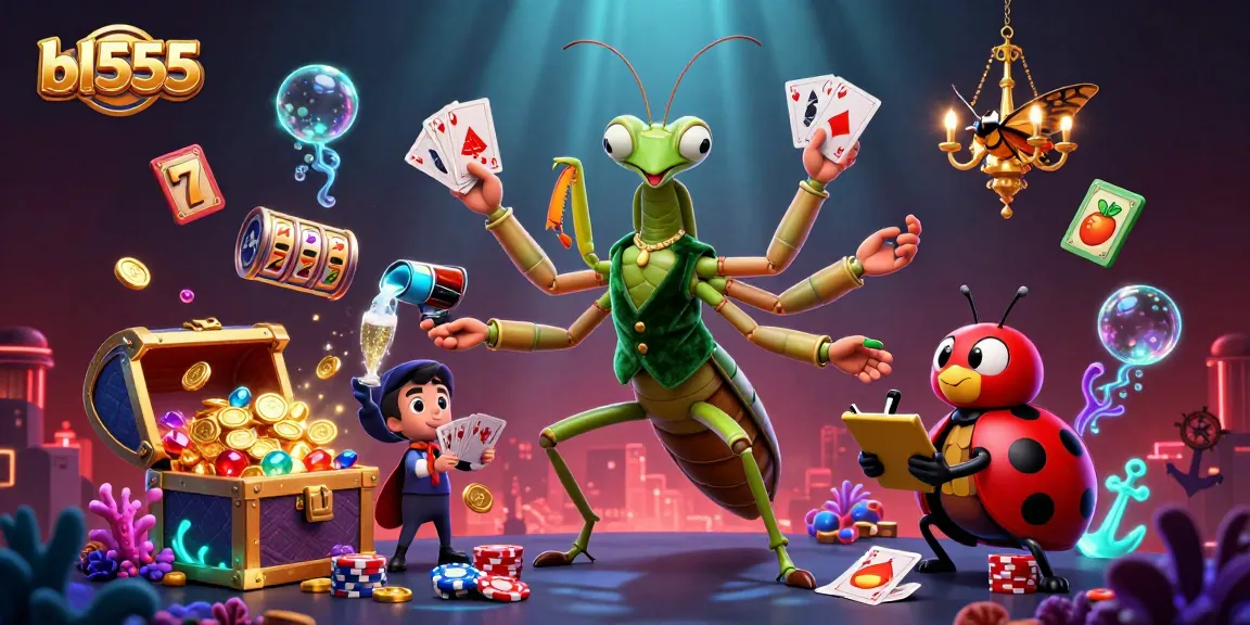 Play slots at bl555 with vibrant 3D cartoon characters dealing cards and jackpot elements.