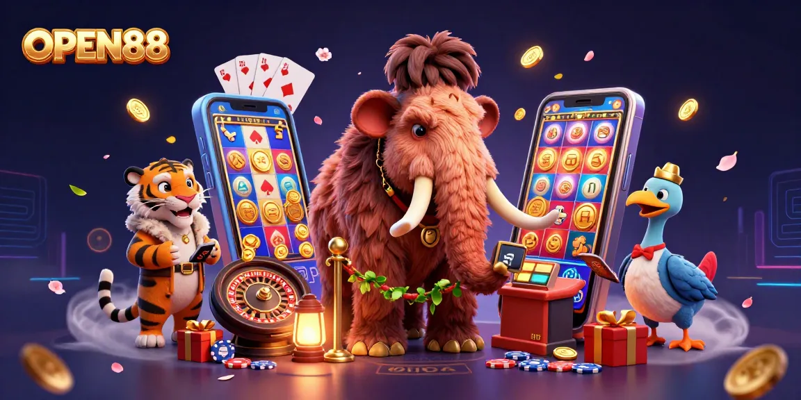 Join the excitement at OPEN88 with vibrant gaming elements and interactive characters in this dynamic casino scene.