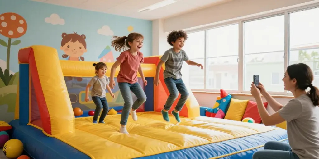 Children enjoying an indoor bounce house, highlighting active play and fun.