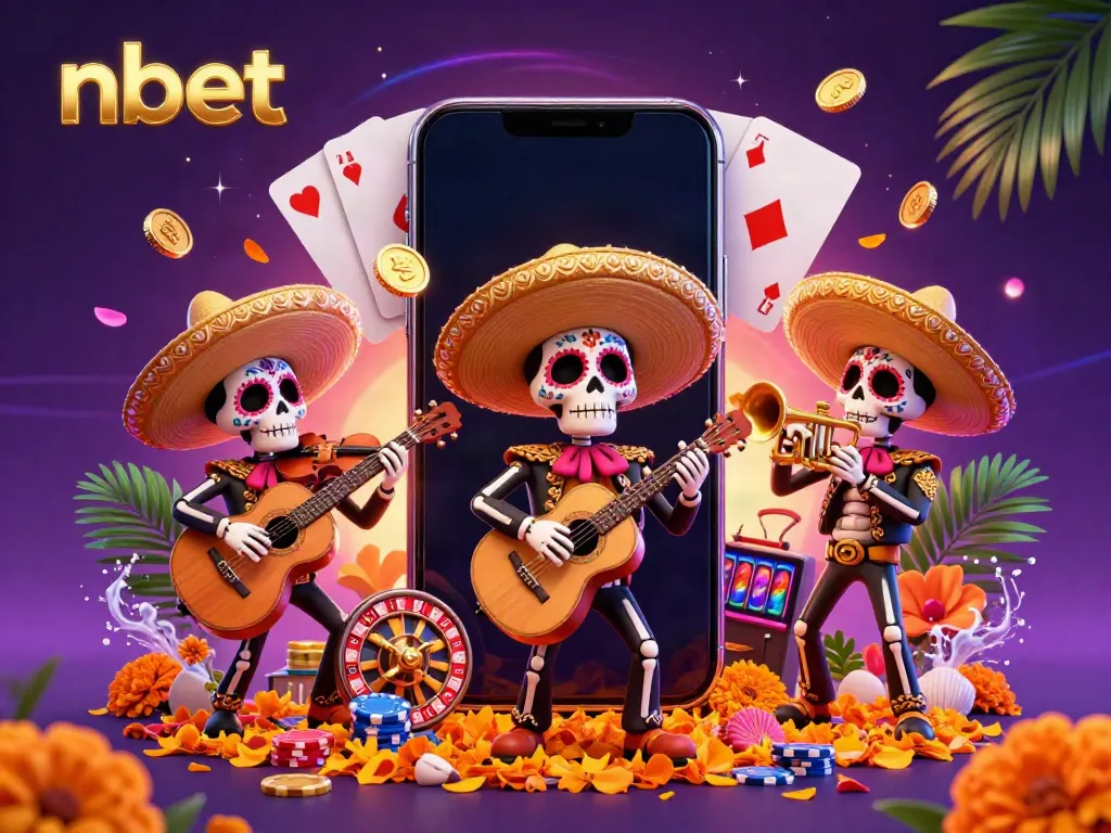 Engage with nbet's exciting 3D casino illustration featuring a mariachi band, slot games, and vibrant elements.