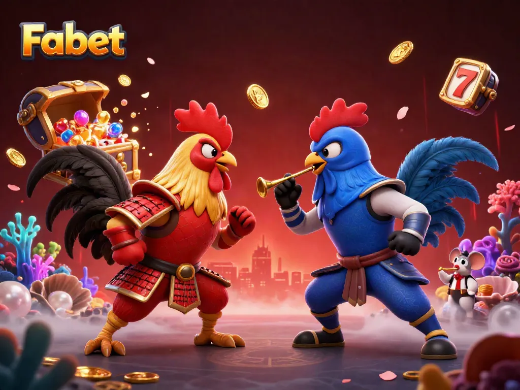 Experience the excitement of Fabet with epic duel of samurai and ninja roosters amidst vibrant casino game elements.