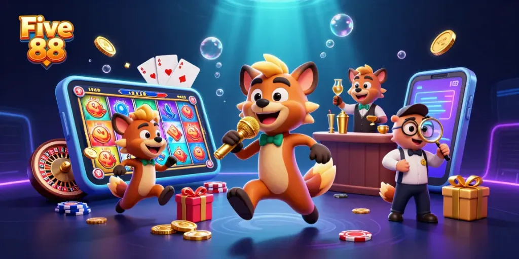 Engage in the vibrant atmosphere of Five 88, where cartoon hyenas host a lively casino experience.