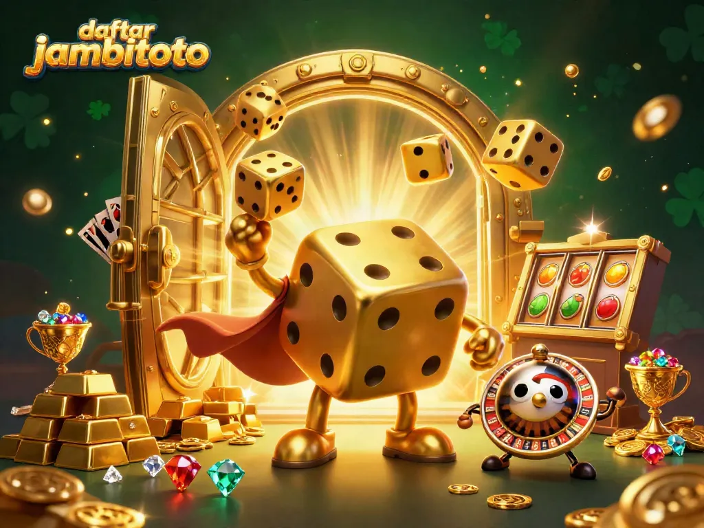 Join the action at daftar jambitoto with lively golden dice characters and vibrant casino elements.