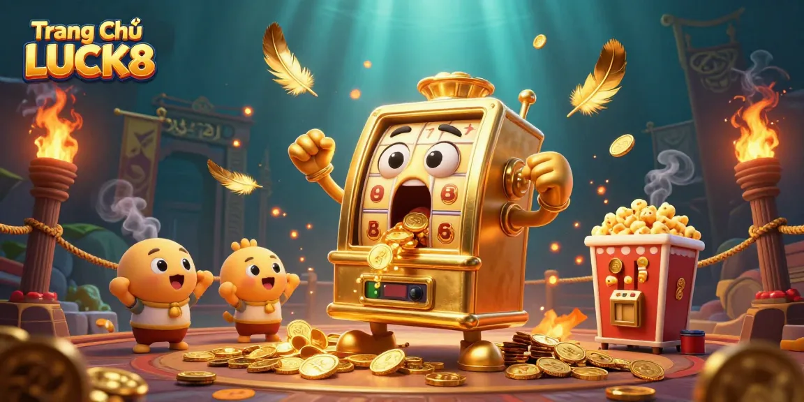 Jackpot thrill at Trang Chủ LUCK8 with golden slot machines showering coins in a vibrant casino scene.